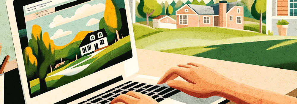 Illustration of a homeowner looking at the HOA website