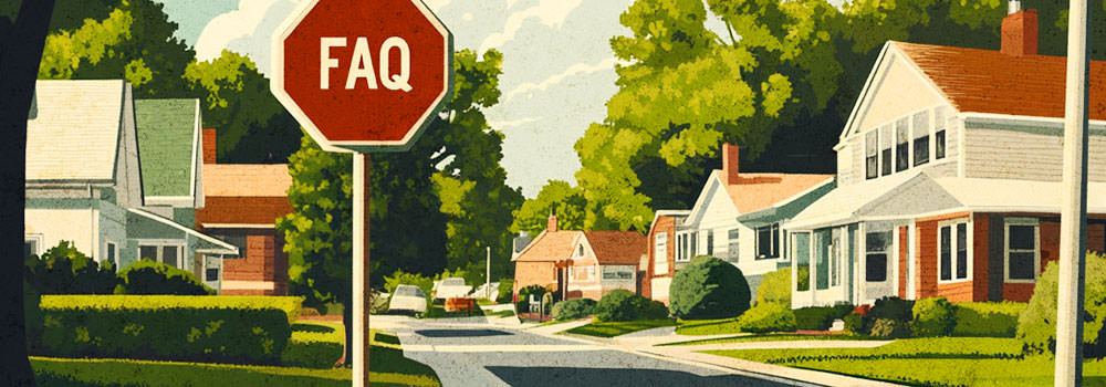Illustration of a neighborhood with FAQ sign