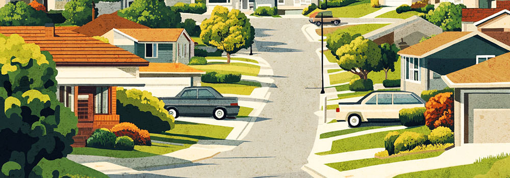 Illustration of a neighborhood with parked cars