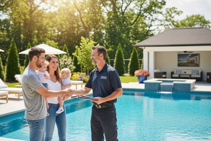 Completed backyard pool project reviewed during the final inspection and turnover phase