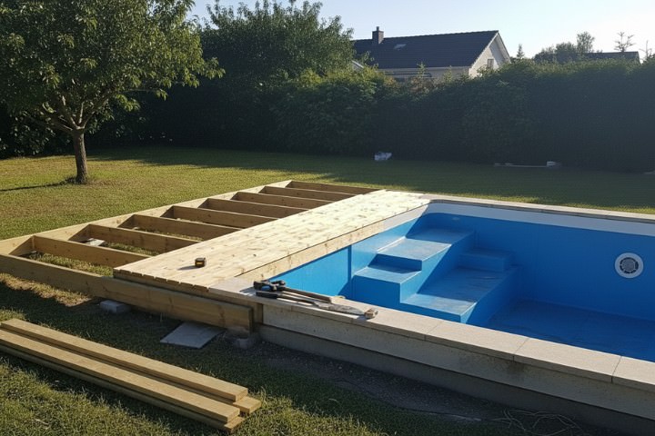 Pool deck under construction connecting the pool to the surrounding outdoor space