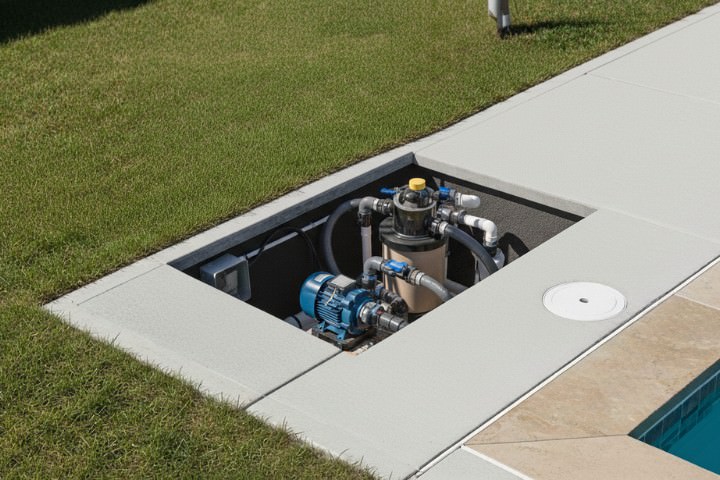 Pool pump and filtration equipment installation phase in pool build