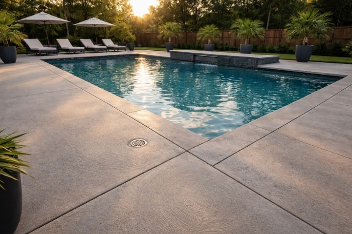 Close up of a light gray brushed concrete pool deck beside a modern pool