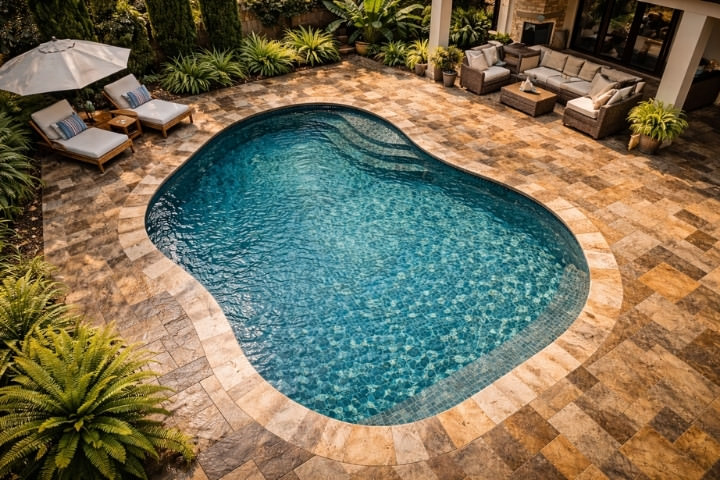 Natural stone pool deck adding warmth and texture to a modern outdoor space