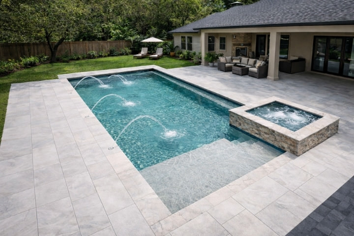 Minimalist rectangular pool and spa framed by a sleek porcelain paver deck
