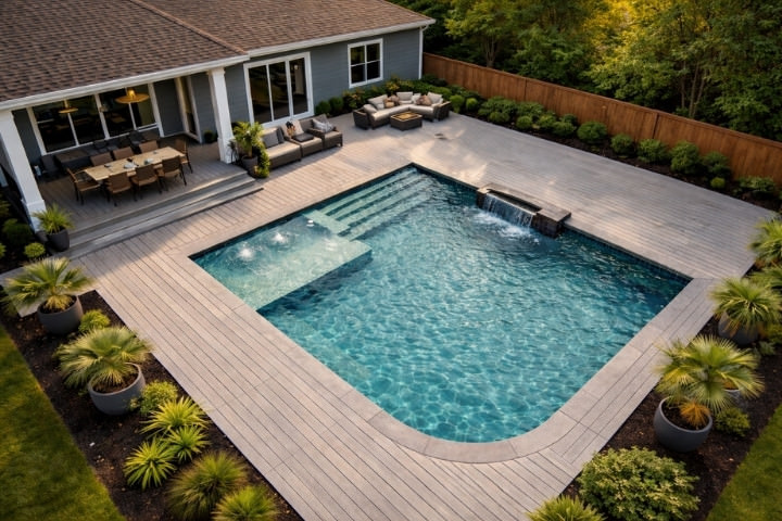 Aerial view of a modern backyard pool with a light gray PVC deck