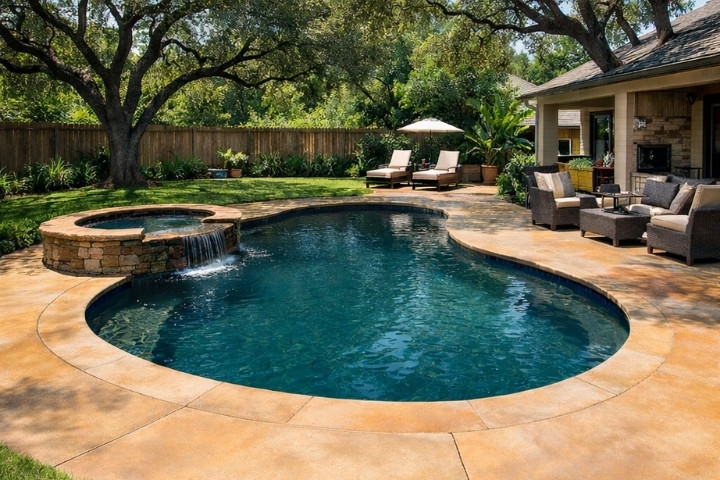 Stained concrete pool deck creating a warm, seamless look around the pool