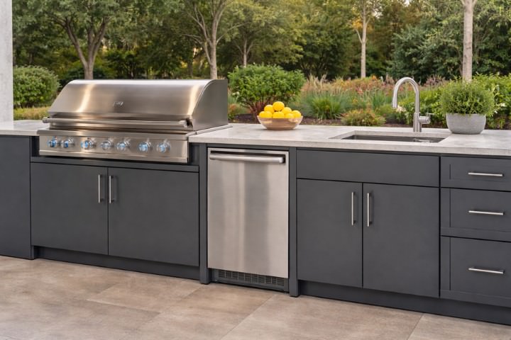 Modern outdoor kitchen with dark gray powder-coated metal cabinets, stainless grill, sink, and beverage fridge in a clean linear layout