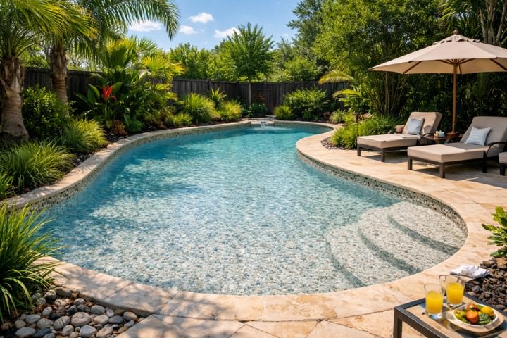A Houston swimming pool with durable pebble surface designed for a natural look and long-term performance