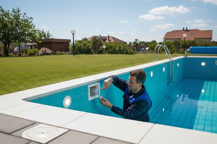 Pool builder and technician replacing pool light bulb to support lighting reliability