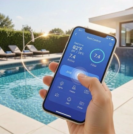 Smartphone app controlling pool temperature lights and jets in real time