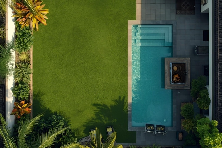 Private backyard pool layout with open lawn space