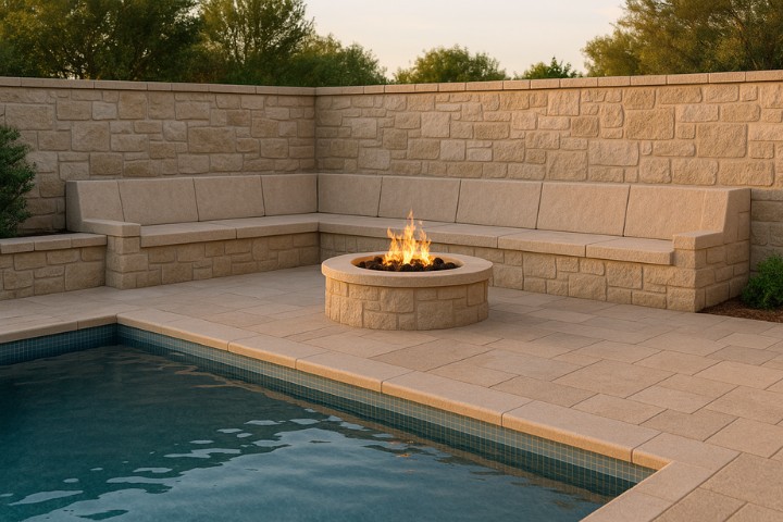 Poolside fire pit with elegant stone seating