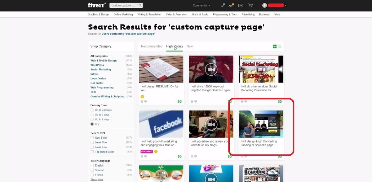 Fiverr search custom capture page