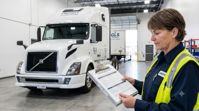 A realistic photograph of a logistics coordinator reviewing business code documents on a clipboard next to a commercial semi-truck.