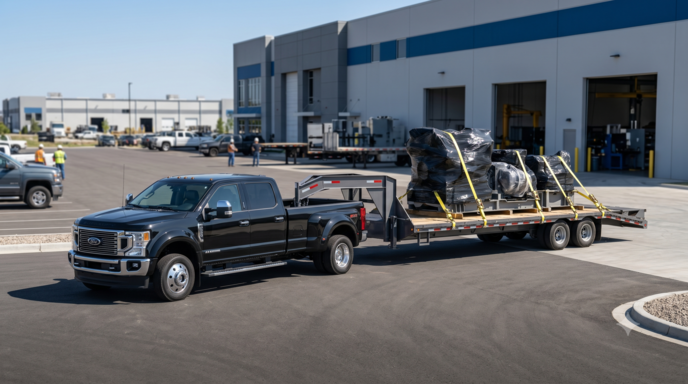 A modern black pickup truck pulling a long gooseneck flatbed trailer loaded with crated machinery parts inside an industrial yard.