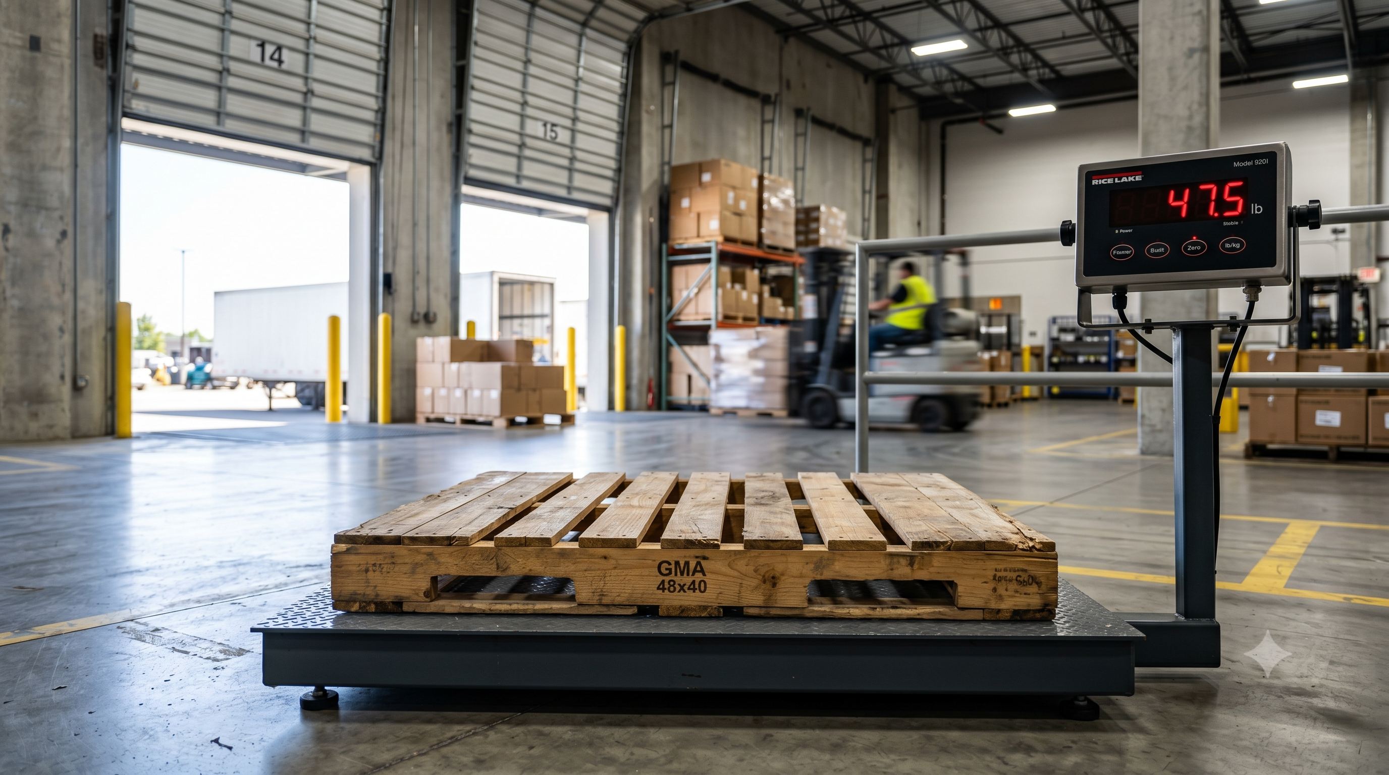 A realistic photograph of a heavy wooden GMA pallet resting on an industrial platform floor scale inside a bright shipping terminal warehouse.