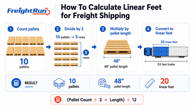 Step-by-step infographic explaining freight linear feet calculations for pallet shipments