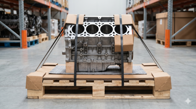 A realistic industrial photograph of an automotive engine block positioned centrally on a wooden pallet and tightly secured with heavy-duty straps inside a shipping warehouse.