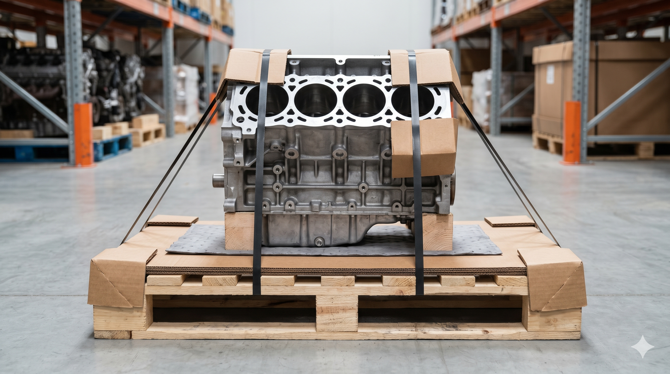 A realistic industrial photograph of an automotive engine block positioned centrally on a wooden pallet and tightly secured with heavy-duty straps inside a shipping warehouse.