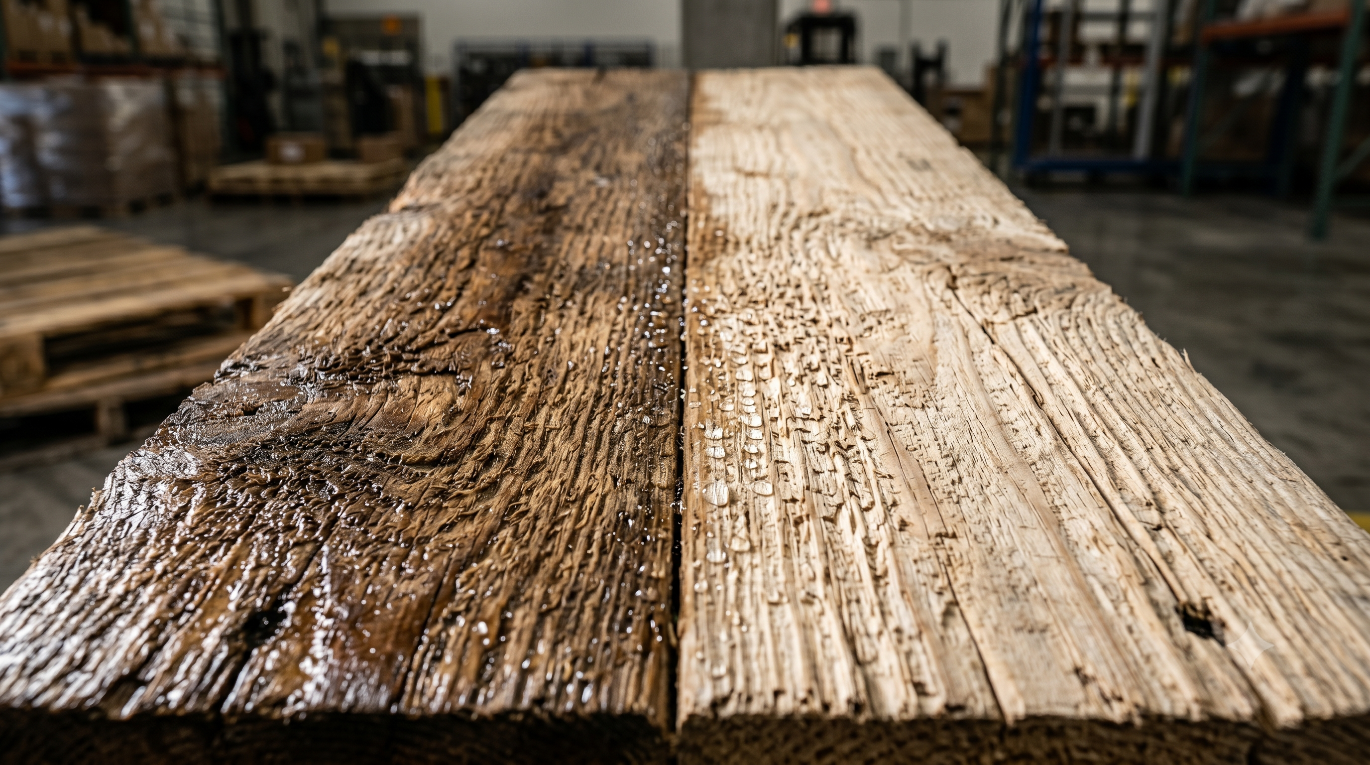 A close-up photograph showing water droplets soaking into the rough grain of a wooden pallet deck board, contrasting wet, dark saturated sections with light, dry wood grain.