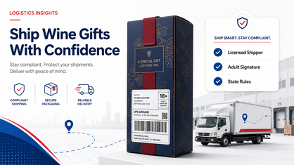 Alcohol gift shipping box with licensed shipper checklist and delivery truck