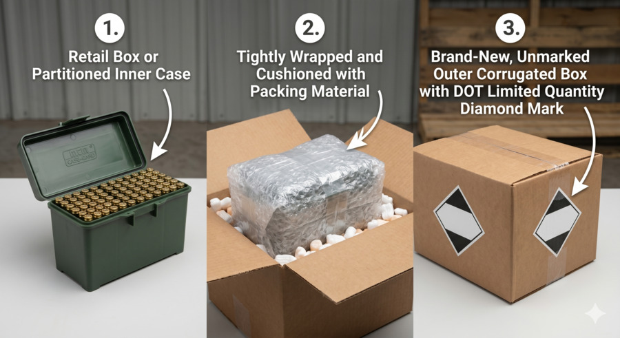 An instructional graphic detailing the step-by-step ammunition packaging sequence from a partitioned inner case to protective cushioning to an unmarked outer box with the Limited Quantity diamond mark.