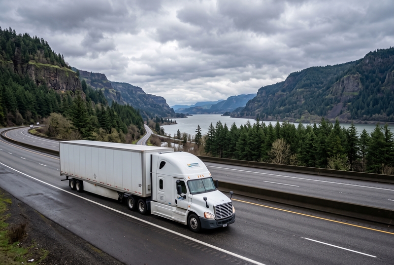 Long-haul semi-truck traveling westbound along the Columbia River Gorge highway corridor into Portland Oregon.