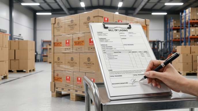 A realistic photograph of a shipping clerk signing an official bill of lading document on a clipboard next to stacked freight pallets inside a logistics warehouse.