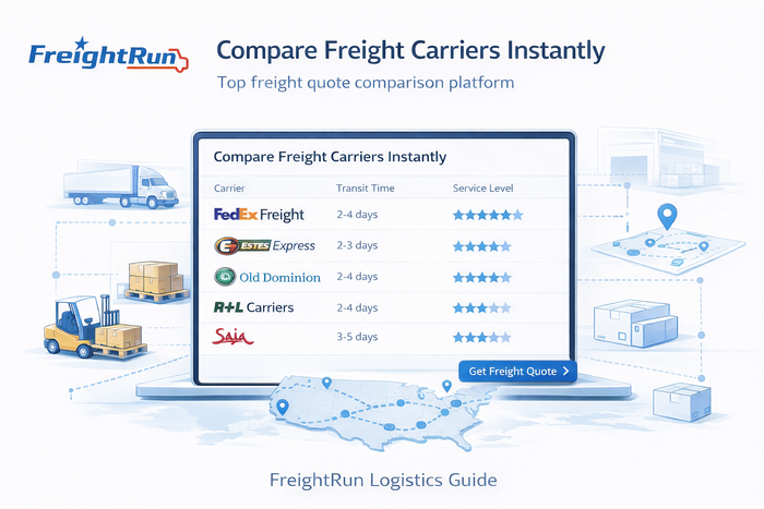 Freight carrier comparison platform dashboard showing LTL shipping rates from multiple freight companies across the United States.