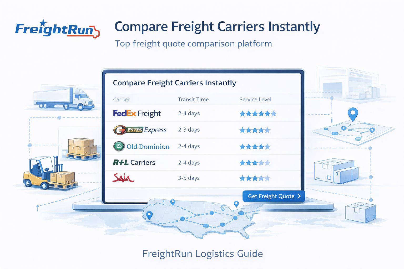 Freight carrier comparison platform dashboard showing LTL shipping rates from multiple freight companies across the United States.