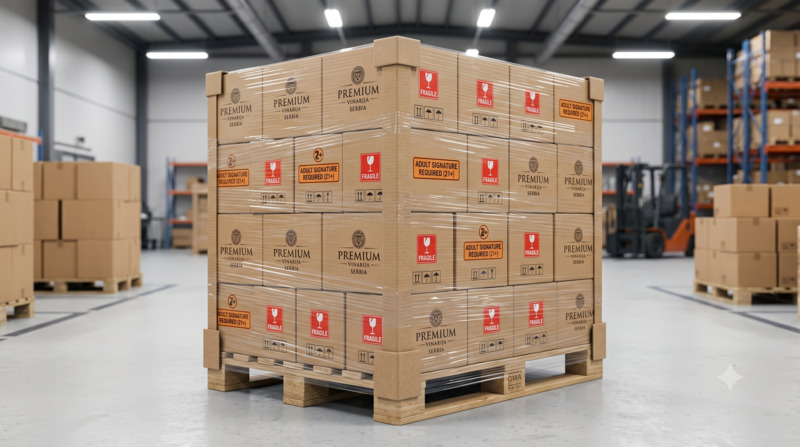 Securely boxed and shrink-wrapped cases of wine resting on a wooden pallet inside a clean commercial distribution center warehouse.