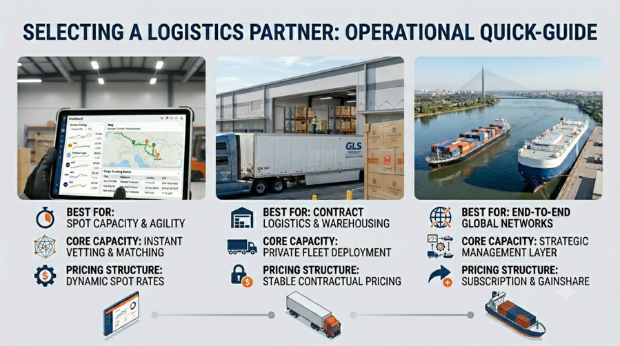 Core Models of Freight Management comparison infographic showing functional differences between asset-light brokers, asset-heavy 3PLs, and global lead logistics providers