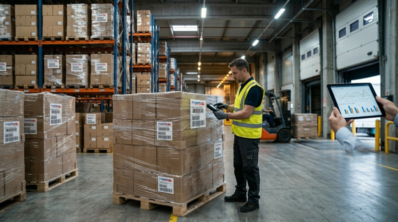 A professional low-angle photograph of an industrial warehouse worker using a digital scanner to check labels on stacked commercial cargo pallets.