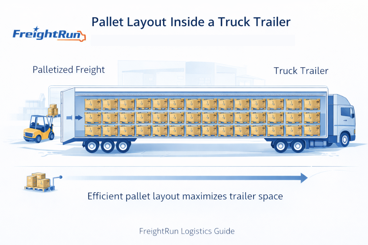 truck trailer pallet layout diagram showing palletized freight arranged inside a shipping trailer