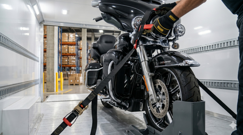A specialized motorcycle transport professional safely securing a touring motorcycle inside a protective, enclosed shipping trailer using soft-tie down straps and a heavy-duty wheel chock.