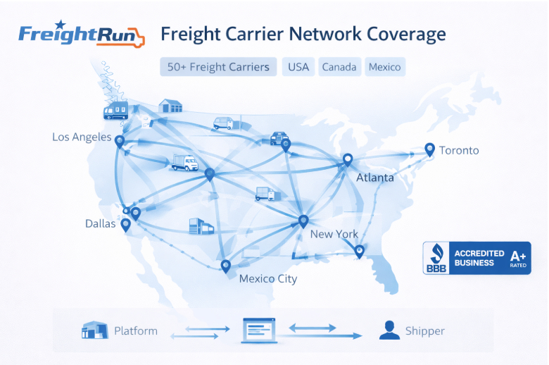 North American freight carrier network map showing LTL shipping coverage across the United States, Canada, and Mexico.