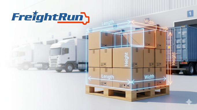 A high-tech shipping volume calculator infographic displaying blueprint dimension lines for length, width, and height on a cargo pallet for calculating cubic feet.