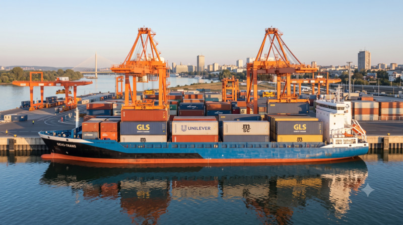 A professional high-contrast photograph of a large cargo ship being systematically loaded with colorful ocean containers at a modern industrial export terminal during sunrise.