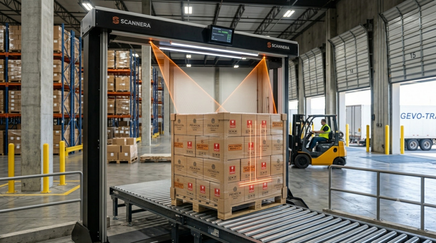 A realistic photograph of a modern industrial warehouse terminal featuring an automated 3D dimensioning laser array scanning a stacked shipping pallet to determine its precise NMFC density and freight class.