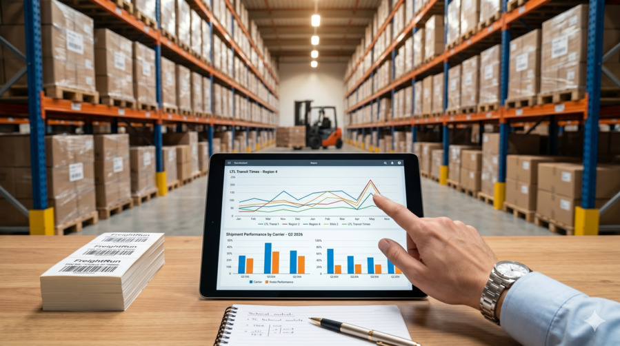 A crisp overhead view of a logistics manager reviewing an active shipment status sheet on a tablet next to standard palletized commercial cargo.