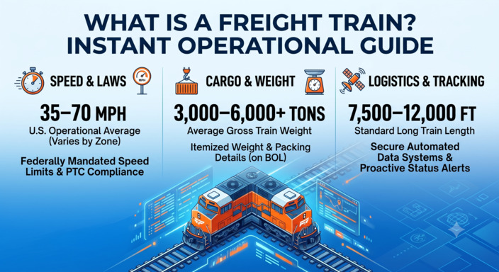 An informational hero infographic with clean illustrations and large numbers providing an instant summary of freight train speed limits, average gross weight, total physical length, and automated tracking metrics.