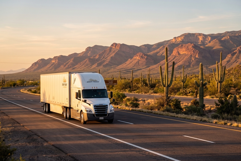 Semi-truck hauling commercial dry van freight along a desert highway corridor toward Tucson Arizona.