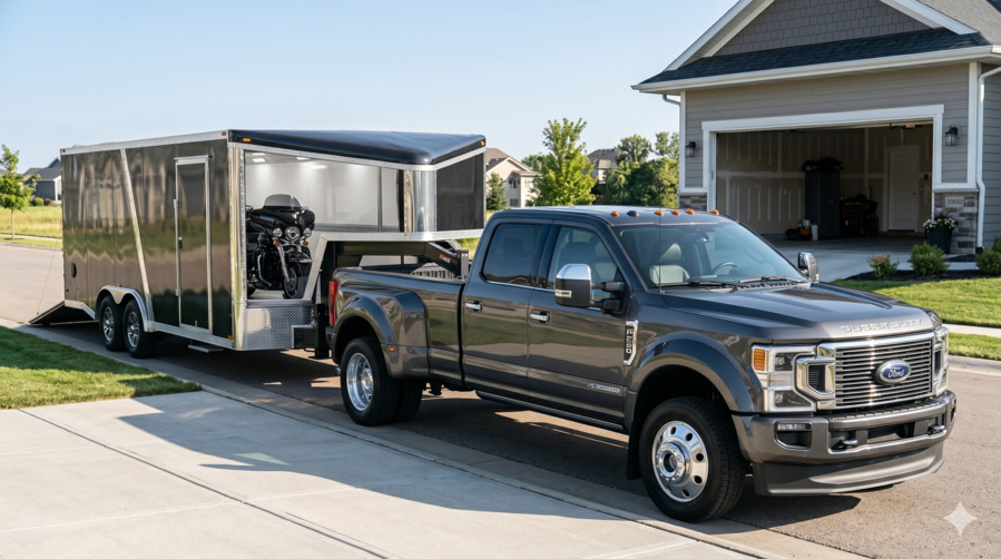 A heavy-duty dual-rear-wheel hotshot pickup truck connected via a gooseneck hitch to a sleek, low-profile enclosed transport trailer, parked on a clean residential driveway during a door-to-door motorcycle pickup.