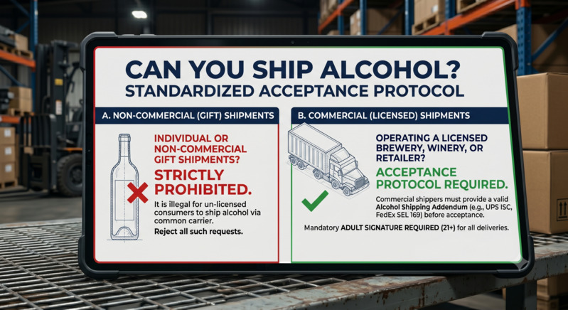 An interactive infographic decision matrix showing that mailing alcohol as a consumer gift is illegal, while licensed business shipping is permitted only via approved carriers.