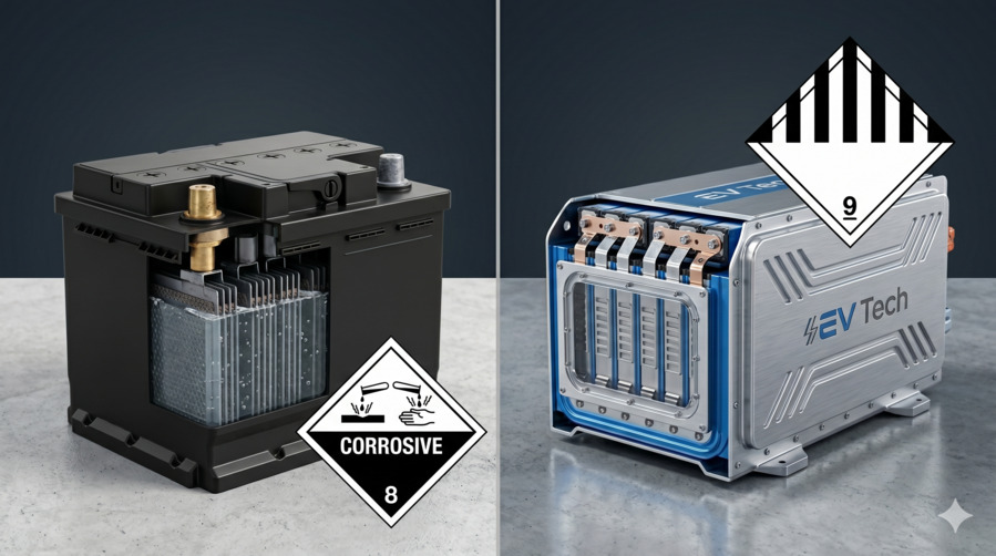 A side-by-side visual guide showing a traditional lead-acid car battery labeled with a Class 8 Corrosive placard next to a modern electric vehicle lithium-ion battery pack labeled with a Class 9 Miscellaneous hazardous material placard.