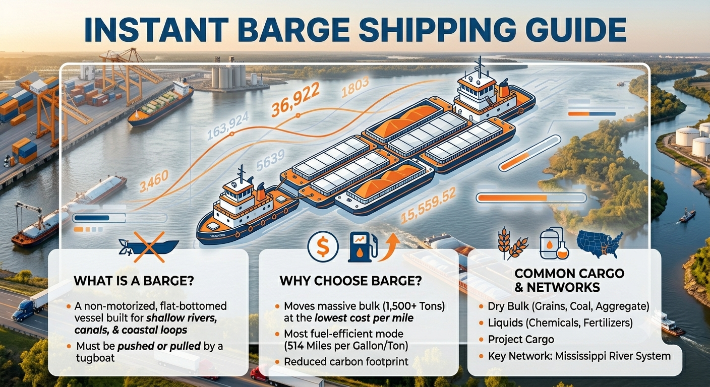 A mixed-media hybrid infographic titled Instant Barge Shipping Guide, combining a photorealistic background of a commercial shipping river bend, industrial crane ports, and highway trucks with a clean, vector data overlay and white informational cards explaining barge mechanics, fuel efficiency metrics, and core commodities.