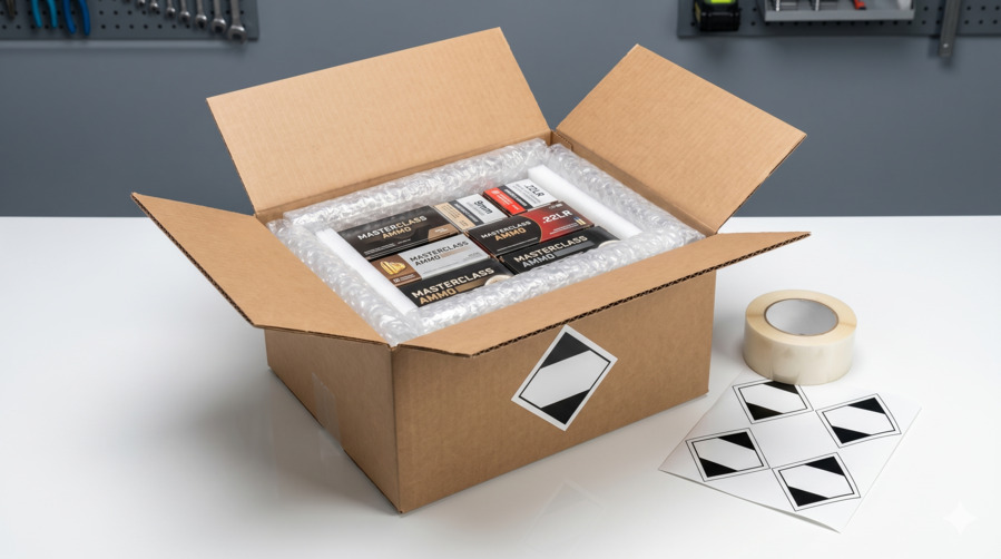 A top-down studio photograph of an open, premium corrugated cardboard shipping box cleanly packed with ammunition retail boxes, heavy bubble cushioning, and official Limited Quantity hazard marks.