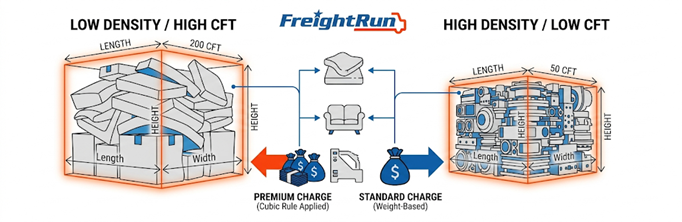 A split-panel comparison chart illustrating how LTL carrier cubic capacity rules apply to low-density freight like foam versus dense freight like metal parts, resulting in premium and standard shipping charges.