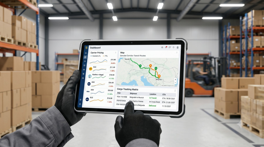 Professional tablet device displaying live truck routes and freight carrier pricing graphs inside a bright logistics hub